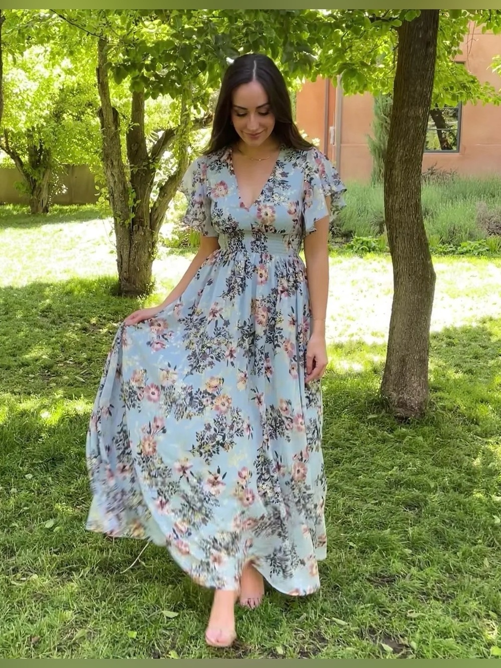 NWT! Baltic Born Lynlee Metallic Light Blue Floral Smock Waist Maxi Dress Size L